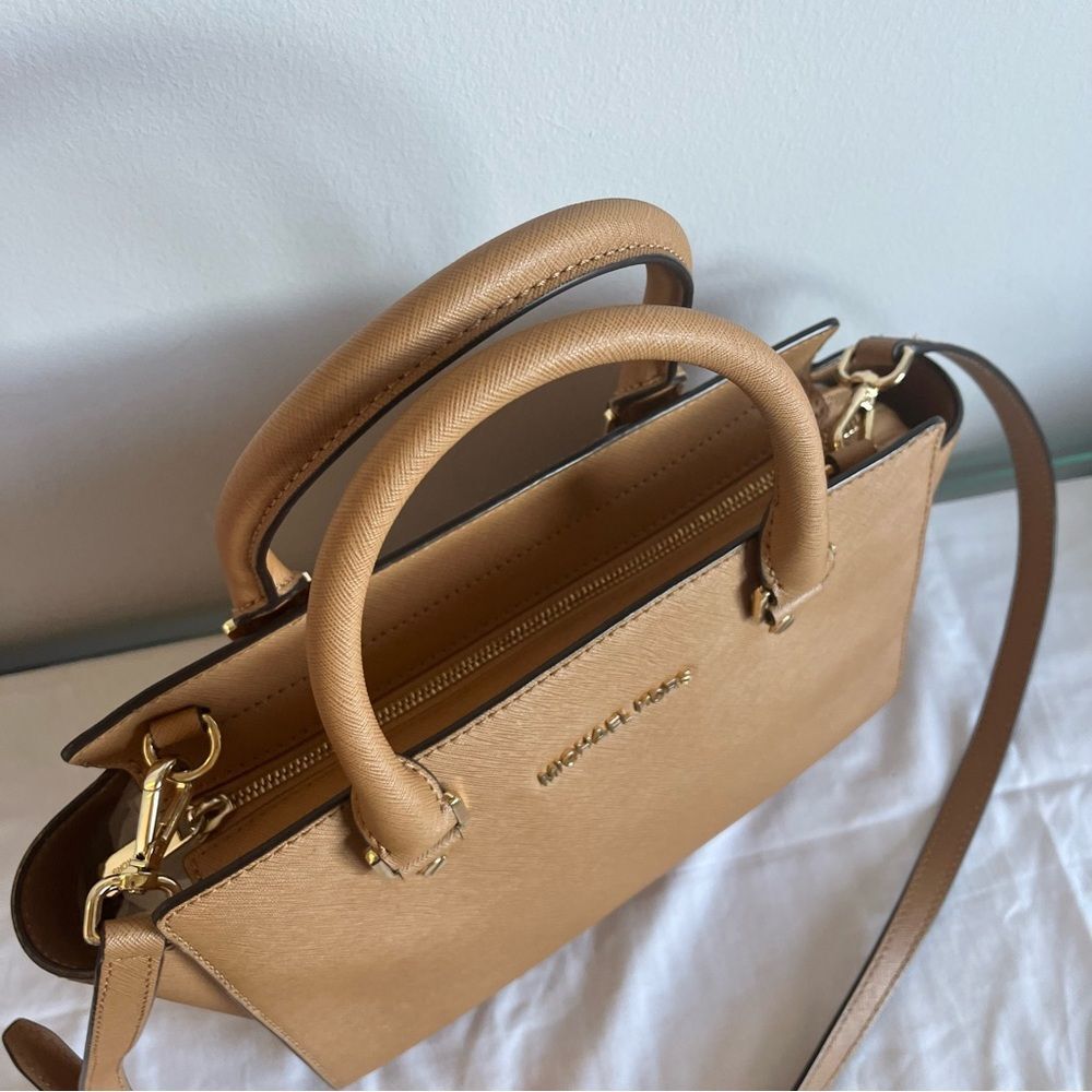 MICHAEL KORS Tan Selma Ciara Satchel Acorn Shoulder Bag Crossbody Tote - Picture 3 of 11